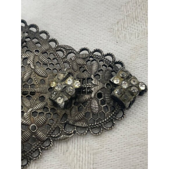 Marcasite Art Deco FiligreeBrooch w/ Rhinestones  3” x 1.5    Metal
